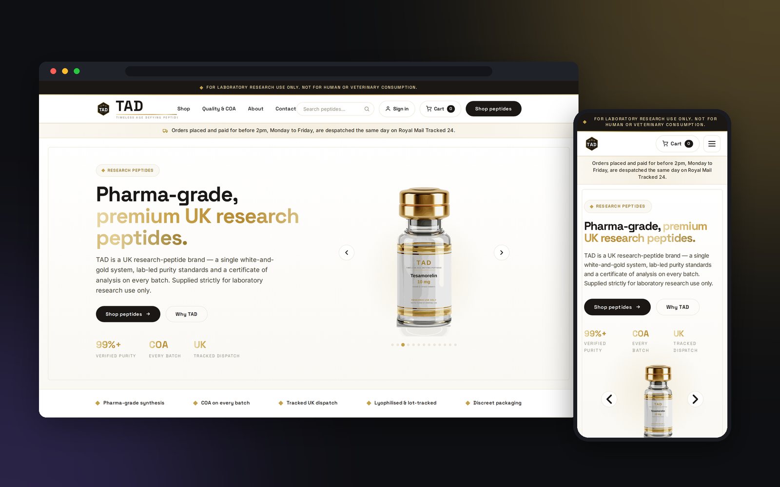 TAD Peptides website shown on desktop and mobile